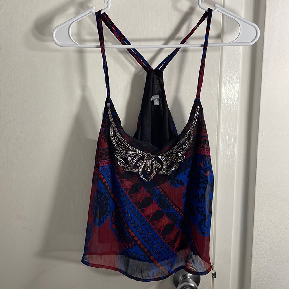 Blue and maroon black flowy crop tank top with gem beading details